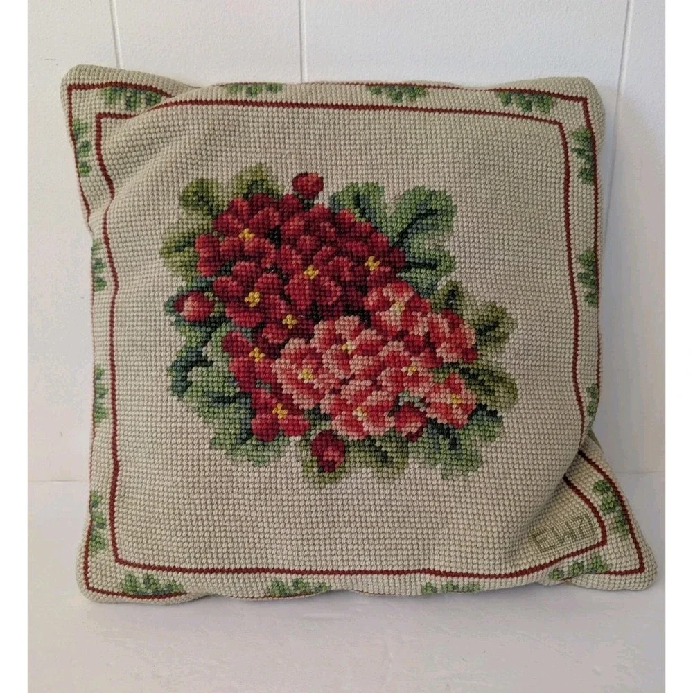 VTG Wool Needlepoint Petit Point Embroidered Floral Pillow Handmade Hydrangea 11